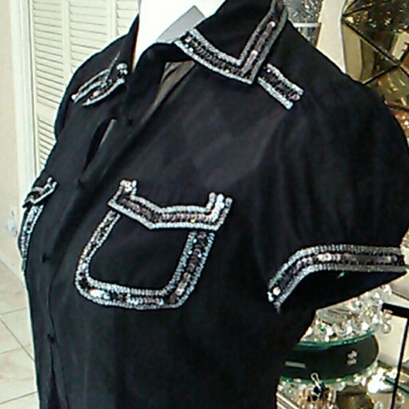 Bebe Black Sheer Sequin accent Top - Picture 7 of 7